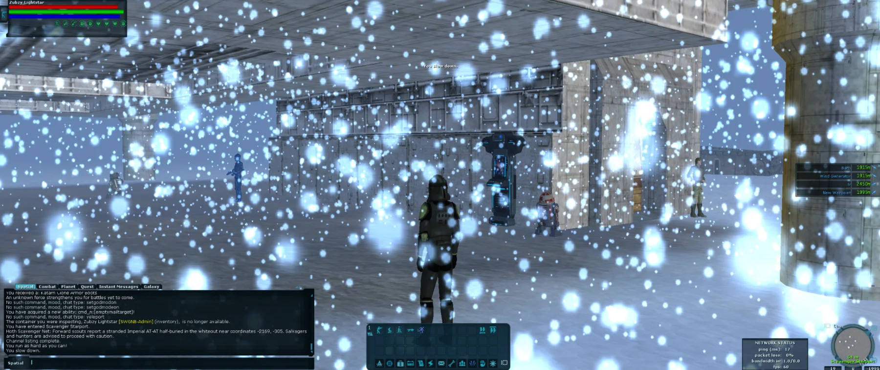 Player character inside a snow-filled Hoth outpost