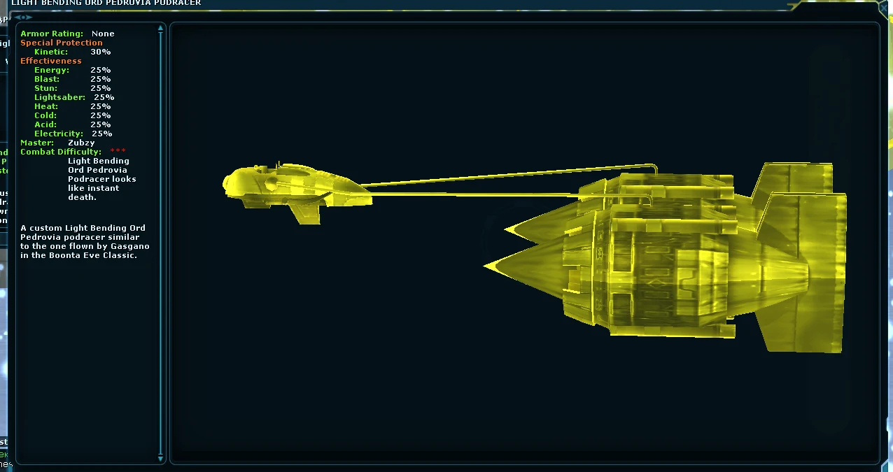 Custom podracer item shown in the client object preview
