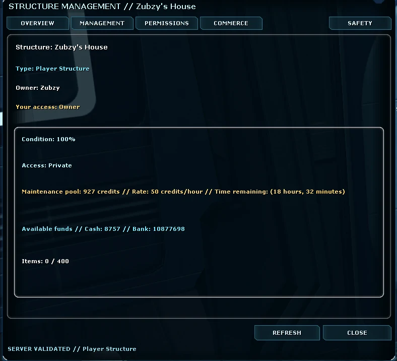 Custom player structure management interface