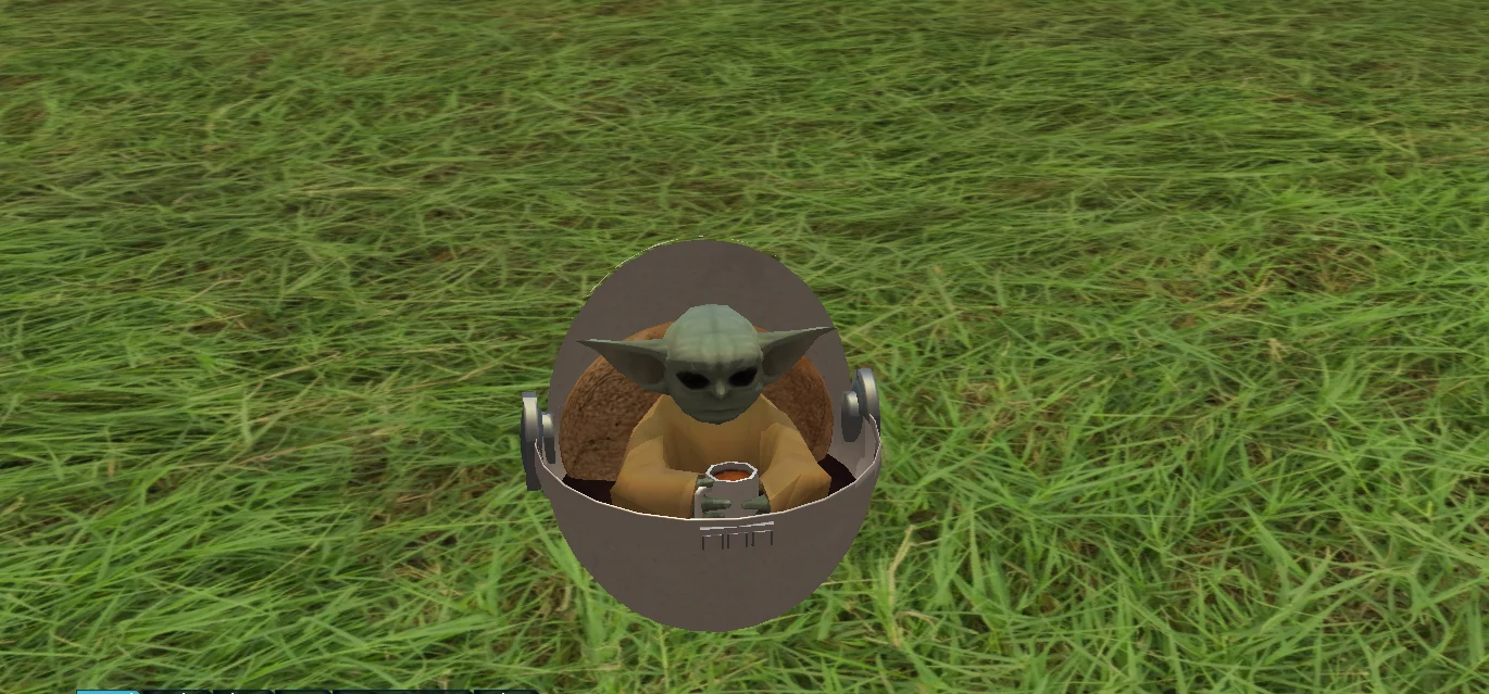 Small familiar riding in a hovering pod on grassy terrain